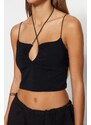 Trendyol Black Halterneck Spaghetti Straps Cotton Stretchy Crop Knitted Singlets