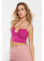 Trendyol Fuchsia Halterneck Spaghetti Straps Cotton Flexible Crop Knitted Singlet