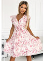 NUMOCO Květované růžové plisované šaty s výstřihem a volánky JINNY Květinový vzor