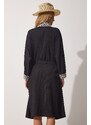Happiness İstanbul Women's Black Stripe Detailed Long Crinkle Viscose Kimono
