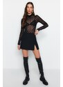 Trendyol Black High Neck Flock Printed and Gathered Detailed Long Sleeve With Snaps Flexible Knitted Body