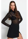 Trendyol Black High Neck Flock Printed and Gathered Detailed Long Sleeve With Snaps Flexible Knitted Body