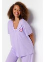 Trendyol Curve Lilac Printed, Pocket Detailed, Knitted Pajamas Set