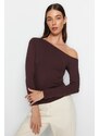 Trendyol Brown Boat Neck Open Shoulder Pleated Fitted/Sticky Cotton Knitted Blouse