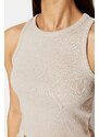 Trendyol Khaki-Beige 2-Pack Fitted Crop Halterneck Corduroy, Flexible Knit Single Singlet