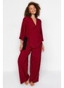 Trendyol Curve Burgundy Double Breasted Collar Tied Woven Pajamas Set