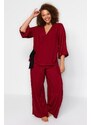 Trendyol Curve Burgundy Double Breasted Collar Tied Woven Pajamas Set