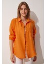 Happiness İstanbul Women's Orange Oversize Linen Airon Shirt