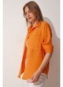 Happiness İstanbul Women's Orange Oversize Linen Airon Shirt