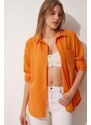 Happiness İstanbul Women's Orange Oversize Linen Airon Shirt