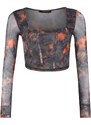 Trendyol Limited Edition Anthracite Transparent Back, Printed Lined Crop Tulle Stretchy Knitted Blouse