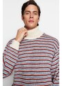 Trendyol Ecru Oversize Fit Wide Fit Turtleneck Striped Knitwear Sweater