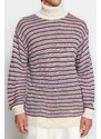 Trendyol Ecru Oversize Fit Wide Fit Turtleneck Striped Knitwear Sweater