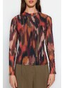 Trendyol Multi Color Printed High Neck and Lined Transparent Back Tulle Flexible Knitted Blouse