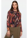 Trendyol Multi Color Printed High Neck and Lined Transparent Back Tulle Flexible Knitted Blouse