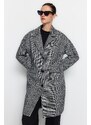 Trendyol Black Oversize široký kostkovaný dlouhý stamped kabát