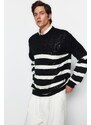 Trendyol Black Unisex Oversize Fit Wide Fit Hair Knit Striped Anti-Pilling Knitwear Sweater