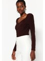 Trendyol Brown Padded Drape Detailed Fitted/Sleepy, Flexible Knitted Bodysuit