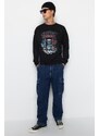 Trendyol Black Oversize/Wide-Fit Crew Neck Rock Theme Sweatshirt