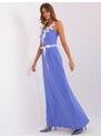 Fashionhunters Tmavě modré maxi večerní šaty s krajkou