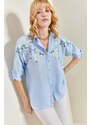 Bianco Lucci Women's Daisy Embroidered Folding Sleeves Airon Linen Shirt