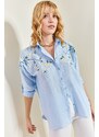 Bianco Lucci Women's Daisy Embroidered Folding Sleeves Airon Linen Shirt