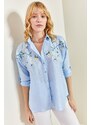 Bianco Lucci Women's Daisy Embroidered Folding Sleeves Airon Linen Shirt