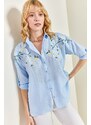 Bianco Lucci Women's Daisy Embroidered Folding Sleeves Airon Linen Shirt