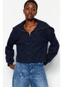 Trendyol Navy Blue Thessaloniki/Knitwear Look Polo Collar Zippered Regular Fit Knitted Sweatshirt
