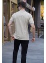 Madmext Beige Buttoned Striped Polo Neck T-Shirt 5879