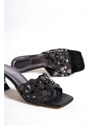 Capone Outfitters Capone Flat Toe Women's Crinkle Patent Leather Black Women's Slippers with Hourglass Heels with Metal Accessories.