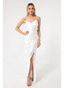 Lafaba Women's White Decollete Long Slit Evening Dress