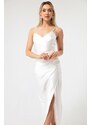 Lafaba Women's White Decollete Long Slit Evening Dress