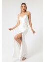 Lafaba Women's White Decollete Long Slit Evening Dress