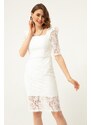 Lafaba Women's White Square Neck Lace Midi Evening Dress.