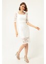 Lafaba Women's White Square Neck Lace Midi Evening Dress.