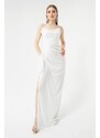 Lafaba Women's White Bust Draped Glittery Slit Evening Dress.