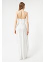 Lafaba Women's White Bust Draped Glittery Slit Evening Dress.