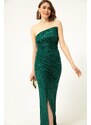 Lafaba Women's Emerald Green Strapless Slit Sequined Long Evening Dress