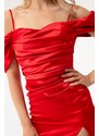 Lafaba Women's Red Evening Dress with Slim Straps, Plunger Collar Midi Satin.