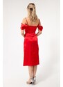 Lafaba Women's Red Evening Dress with Slim Straps, Plunger Collar Midi Satin.