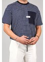 Madmext Men's Navy Blue Striped Patched T-Shirt 6085