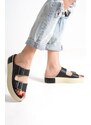 Capone Outfitters Capone Double Straps Belt with Buckle and Colorful Detailed Wedge Heel Women Black Women's Slippers.