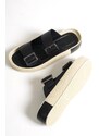 Capone Outfitters Capone Double Straps Belt with Buckle and Colorful Detailed Wedge Heel Women Black Women's Slippers.