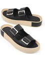 Capone Outfitters Capone Double Straps Belt with Buckle and Colorful Detailed Wedge Heel Women Black Women's Slippers.