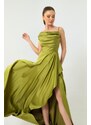 Lafaba Dámské pistáciově zelené volánkové štěrbinové saténové večerní šaty a plesové šaty