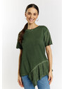 Bavlněné dámské tričko Monnari s prolamovanými volánky Bottle Green