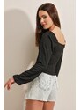 Bigdart 0465 Knitted Blouse with Balloon Sleeves - Black