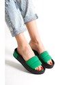 Capone Outfitters Capone Women's Quilted Strap, Colorful Detailed Wedge Heel Matte Satin Green Women's Slippers.