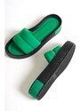 Capone Outfitters Capone Women's Quilted Strap, Colorful Detailed Wedge Heel Matte Satin Green Women's Slippers.